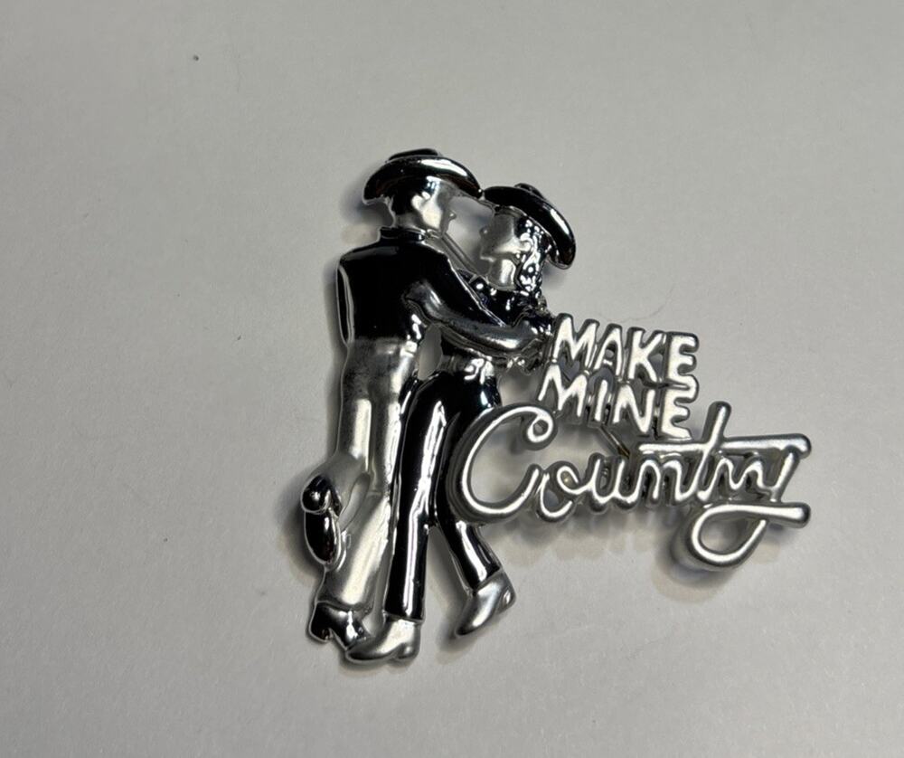 Country Western Signed Brooch Pin MAKE MINE COUNTRY Script Silver Plate NEW